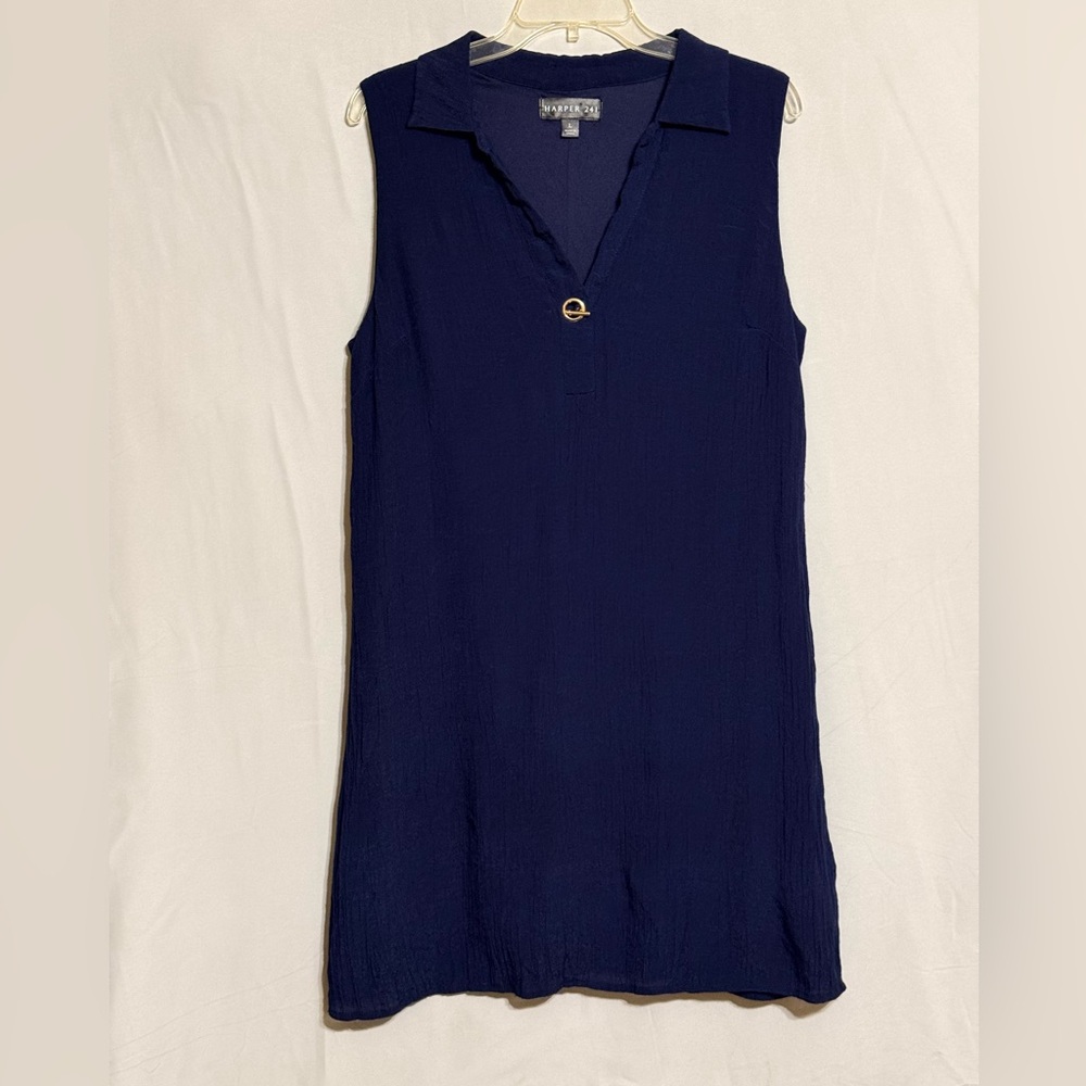 Harper 241 Navy Sleeveless Collared Mini Dress with Gold Toggle Accent Size L